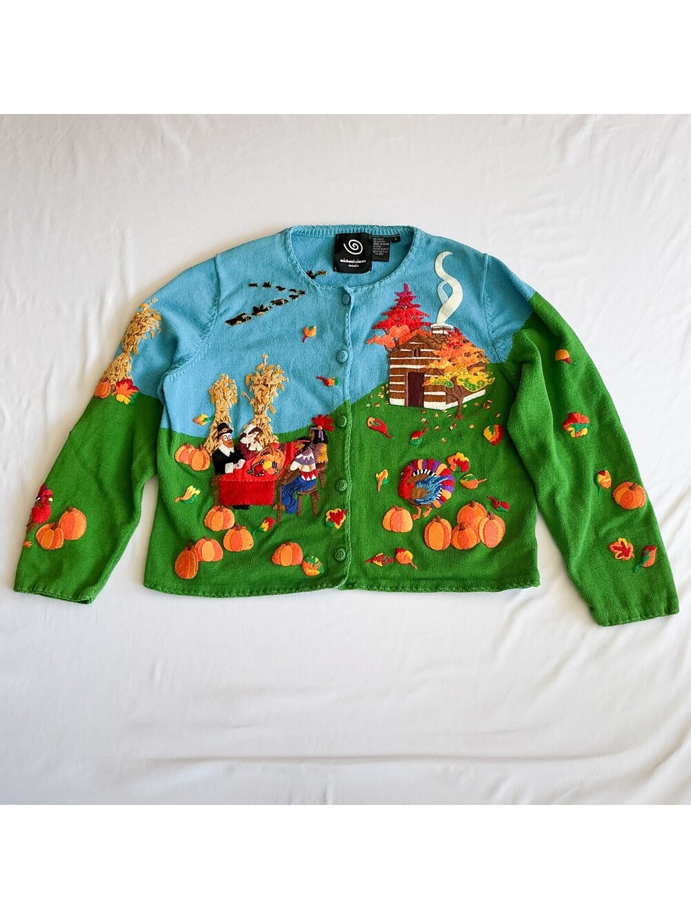 Michael Simon Event Thanksgiving Turkey Pumpkin Embroidered Cardigan Sweater L